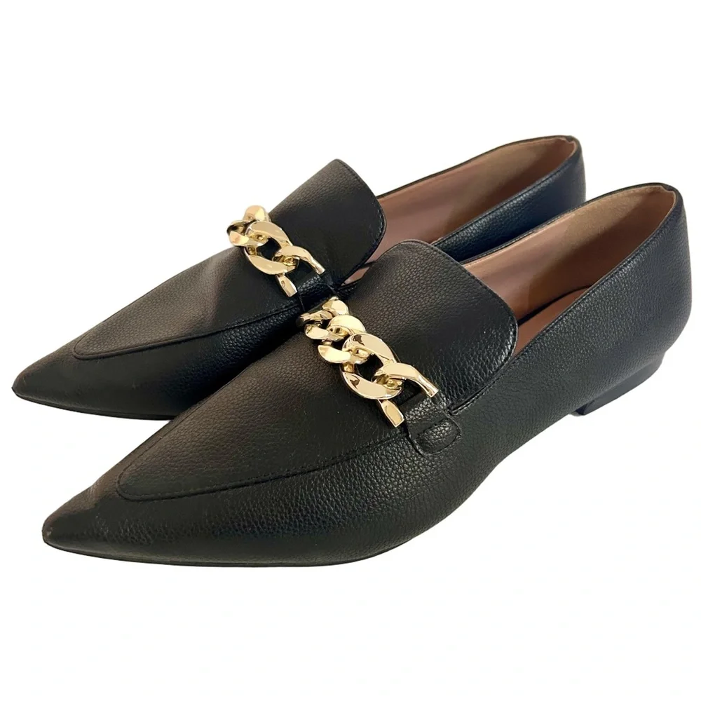 Paolo Black Loafers with Pointed Toe and Gold Chain Classic Work Attire Size 10